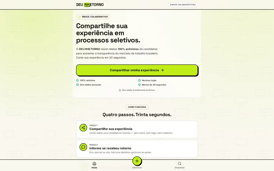 Tela inicial do Deu Rhetorno, com a proposta do produto e os indicadores colaborativos